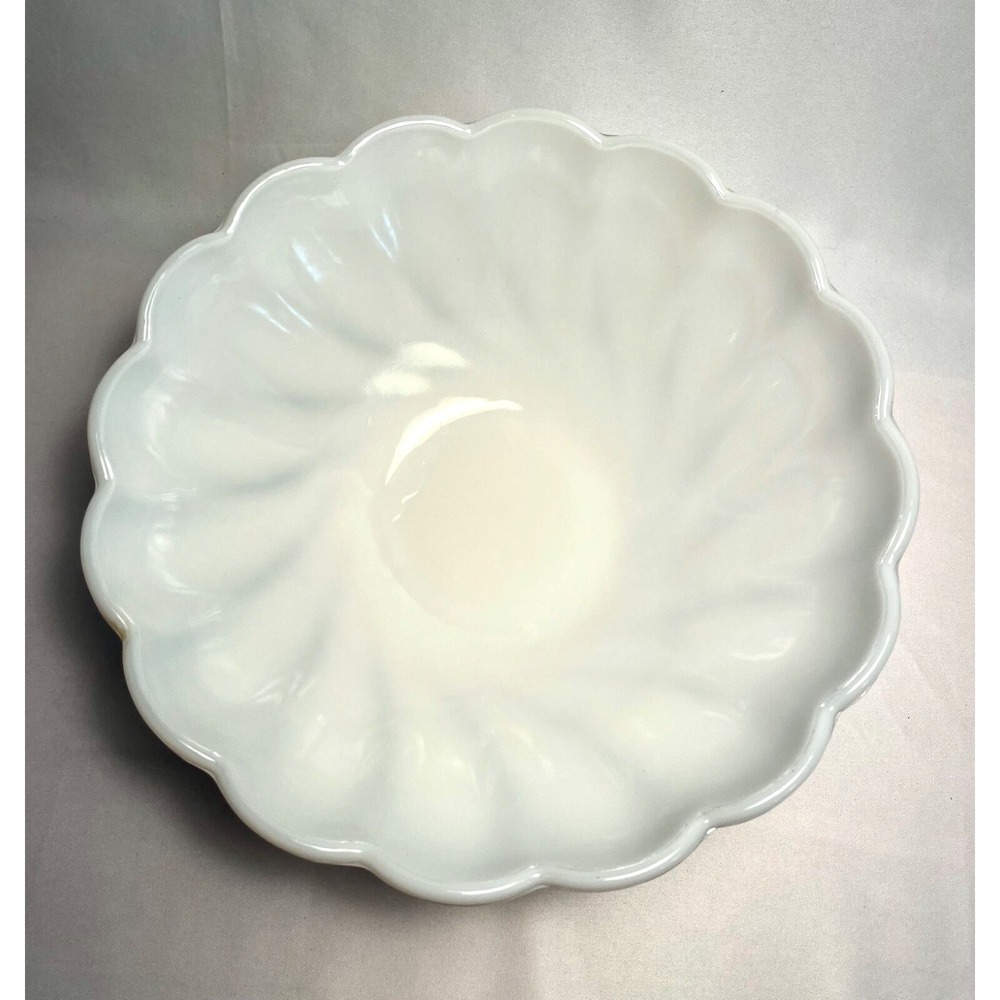 Hazel Atlas Alpine Swirl White Milk Glass 9"x 3" Bowl Scalloped Edge VTG Kitchy
